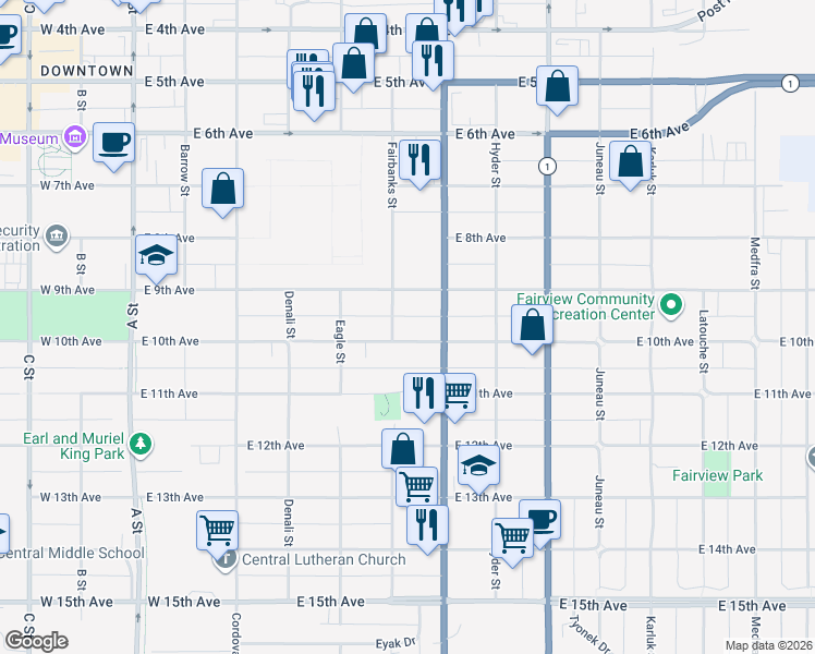 map of restaurants, bars, coffee shops, grocery stores, and more near 611 East 10th Avenue in Anchorage