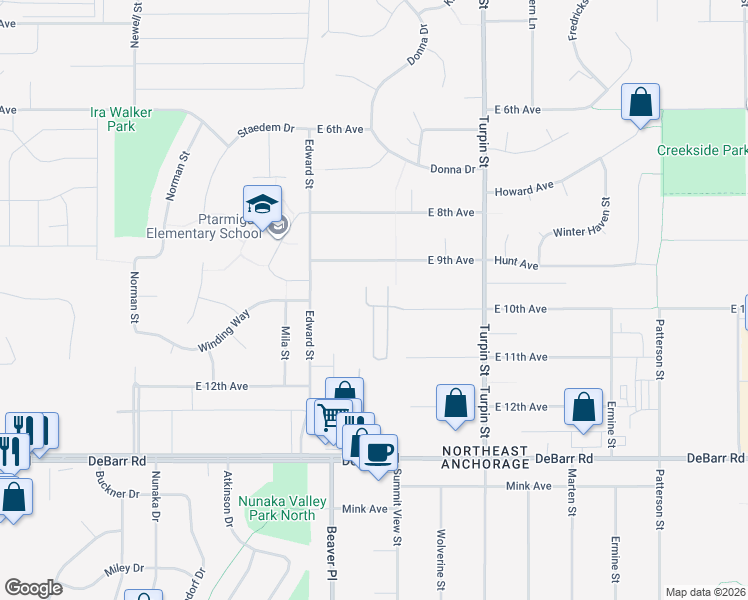 map of restaurants, bars, coffee shops, grocery stores, and more near 6440 East 9th Avenue in Anchorage
