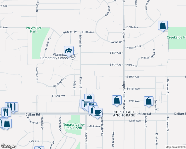 map of restaurants, bars, coffee shops, grocery stores, and more near 6340 East 9th Avenue in Anchorage
