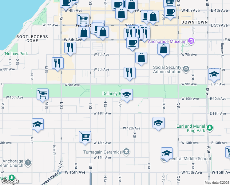 map of restaurants, bars, coffee shops, grocery stores, and more near West 9th Avenue in Anchorage
