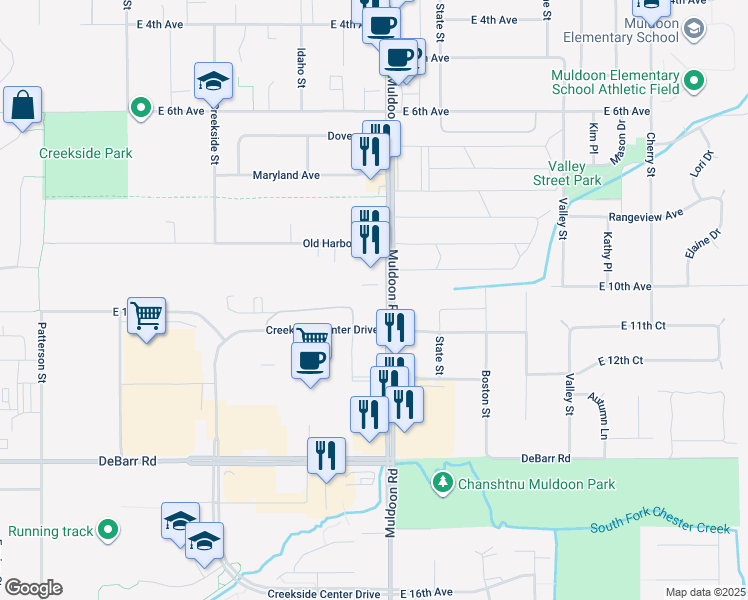 map of restaurants, bars, coffee shops, grocery stores, and more near 7861 Betnu Circle in Anchorage