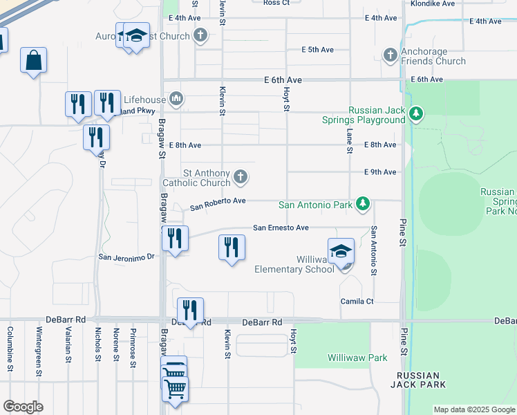 map of restaurants, bars, coffee shops, grocery stores, and more near 4218 San Roberto Avenue in Anchorage