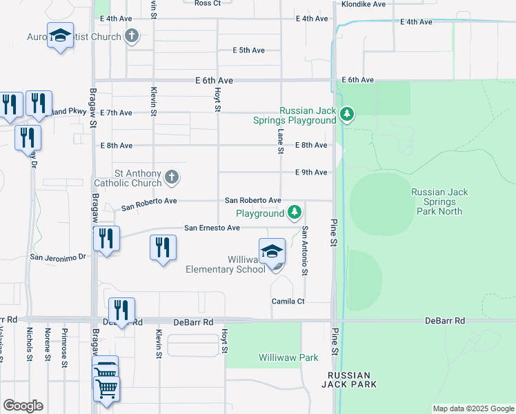 map of restaurants, bars, coffee shops, grocery stores, and more near 4410 San Roberto Avenue in Anchorage