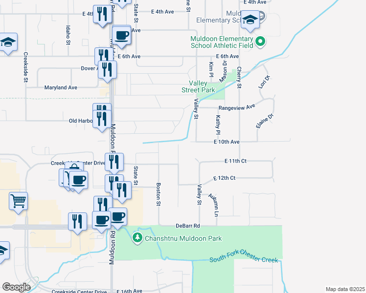 map of restaurants, bars, coffee shops, grocery stores, and more near 1001 Friendly Lane in Anchorage