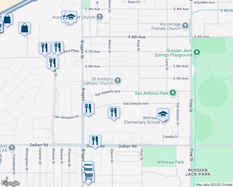map of restaurants, bars, coffee shops, grocery stores, and more near 4118 San Roberto Avenue in Anchorage
