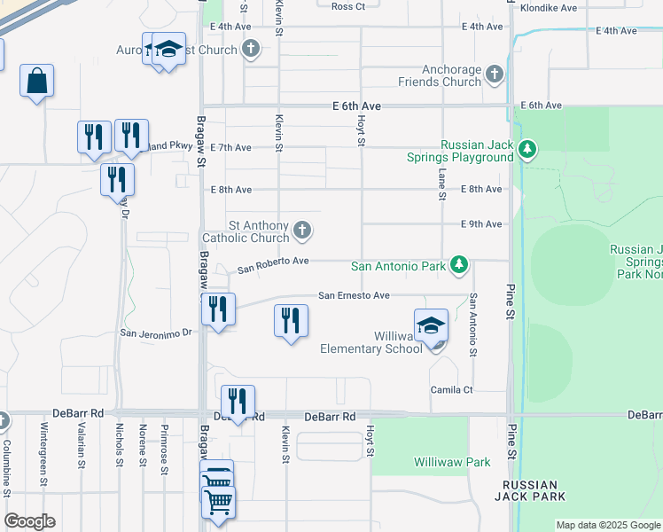 map of restaurants, bars, coffee shops, grocery stores, and more near 4216 San Roberto Avenue in Anchorage