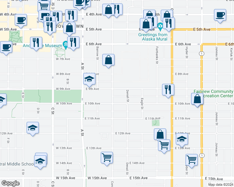map of restaurants, bars, coffee shops, grocery stores, and more near 310 East 9th Avenue in Anchorage