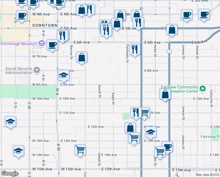 map of restaurants, bars, coffee shops, grocery stores, and more near 436 East 9th Avenue in Anchorage