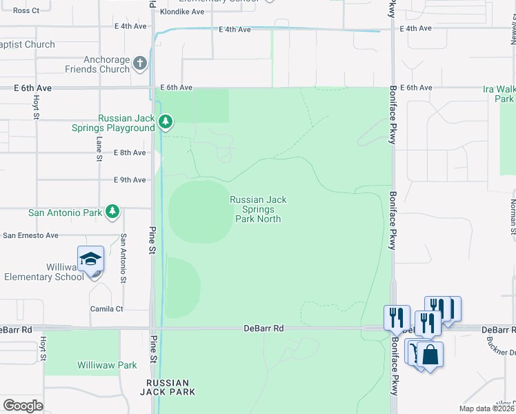 map of restaurants, bars, coffee shops, grocery stores, and more near 801 Pine Street in Anchorage