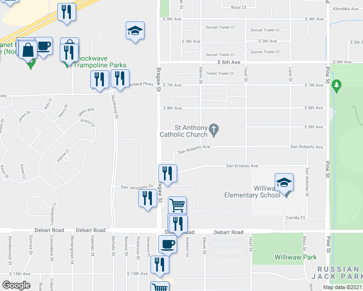 map of restaurants, bars, coffee shops, grocery stores, and more near 3935 San Roberto Avenue in Anchorage