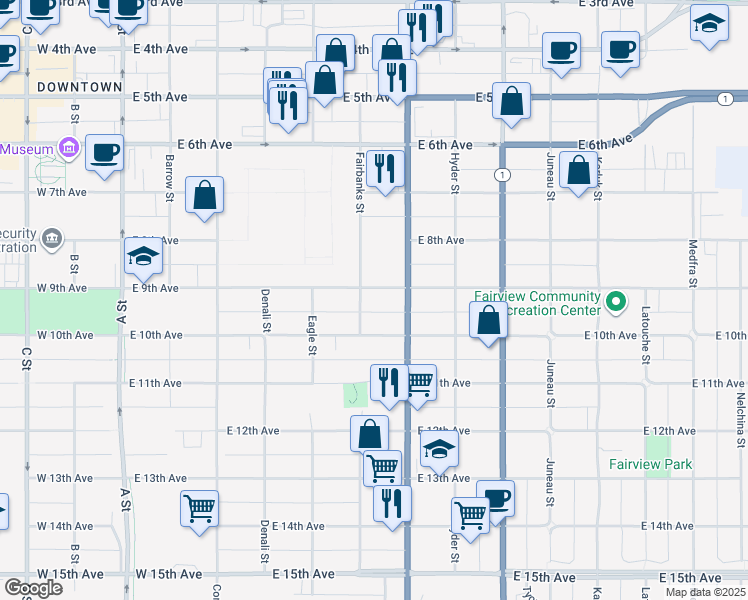 map of restaurants, bars, coffee shops, grocery stores, and more near 612 East 9th Avenue in Anchorage