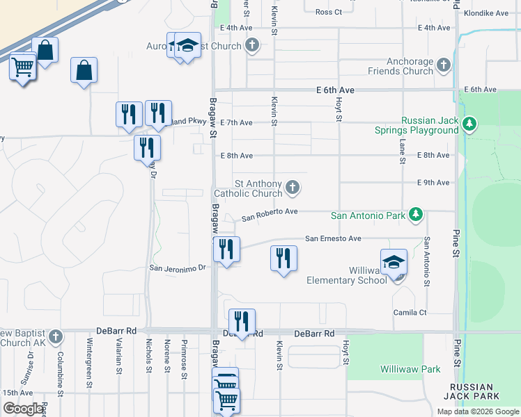 map of restaurants, bars, coffee shops, grocery stores, and more near 924 Klevin Street in Anchorage