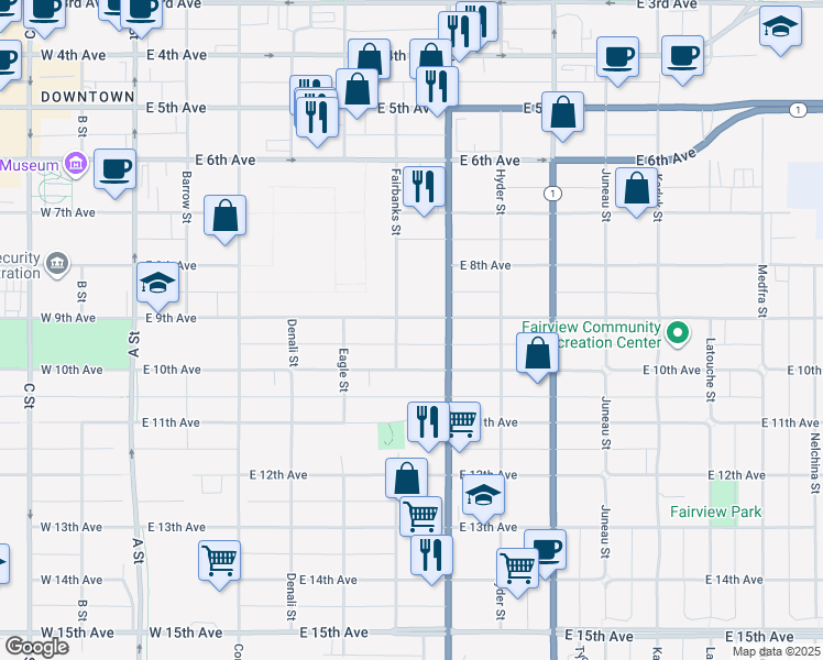 map of restaurants, bars, coffee shops, grocery stores, and more near 612 East 9th Avenue in Anchorage
