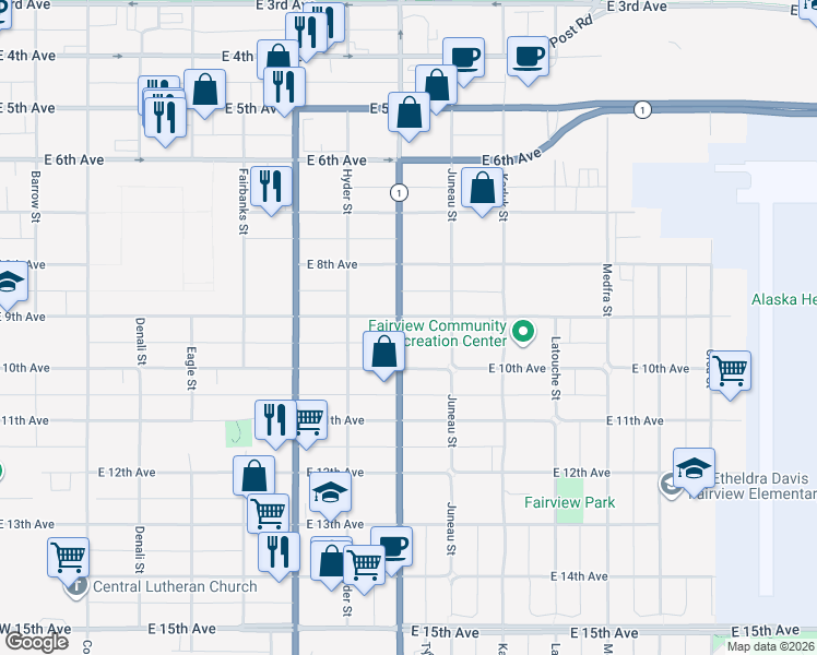 map of restaurants, bars, coffee shops, grocery stores, and more near 900 East 9th Avenue in Anchorage