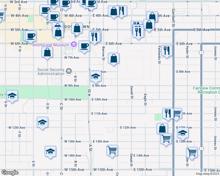 map of restaurants, bars, coffee shops, grocery stores, and more near 900 Cordova Street in Anchorage