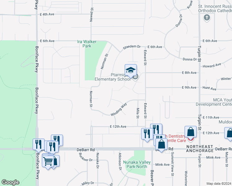 map of restaurants, bars, coffee shops, grocery stores, and more near 929 Bench Court in Anchorage