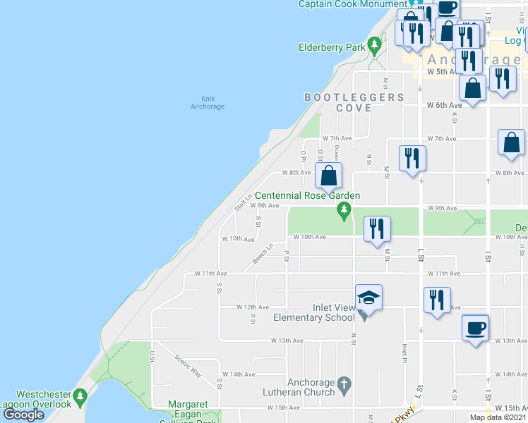 map of restaurants, bars, coffee shops, grocery stores, and more near 1536 West 9th Avenue in Anchorage