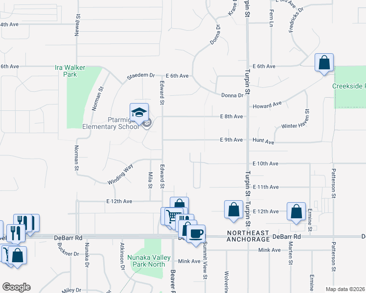map of restaurants, bars, coffee shops, grocery stores, and more near 6340 East 9th Avenue in Anchorage