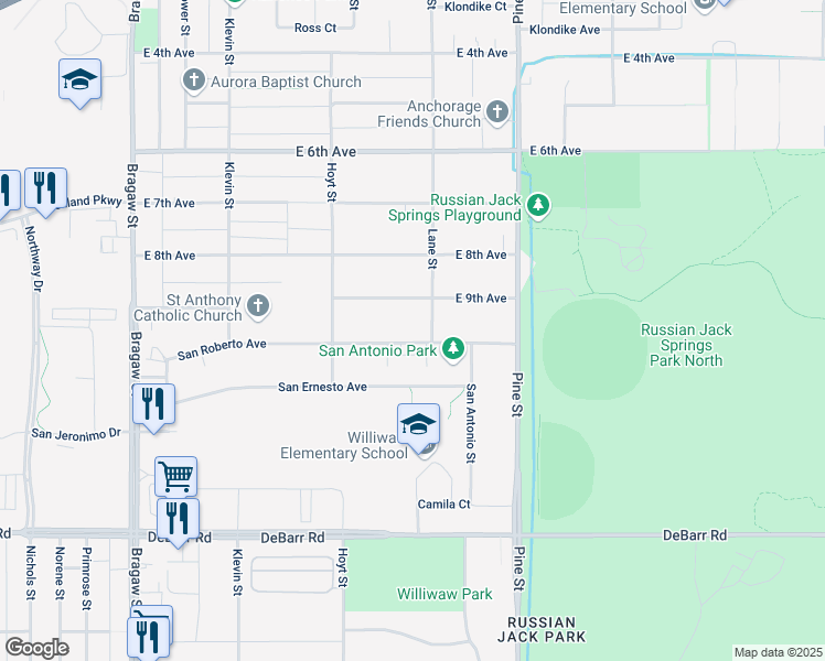 map of restaurants, bars, coffee shops, grocery stores, and more near 4437 San Roberto Avenue in Anchorage