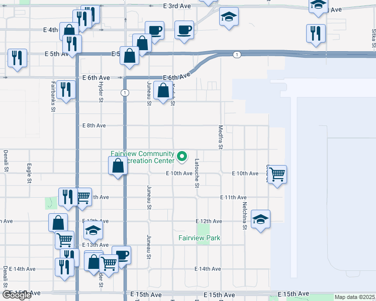 map of restaurants, bars, coffee shops, grocery stores, and more near 1100 East 9th Avenue in Anchorage