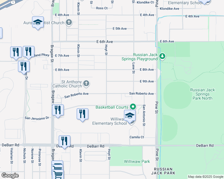 map of restaurants, bars, coffee shops, grocery stores, and more near 4319 San Roberto Avenue in Anchorage