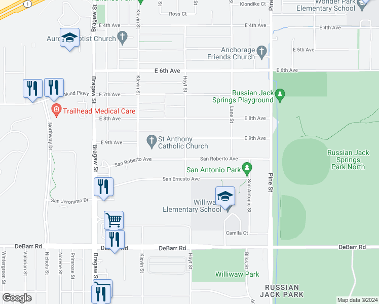 map of restaurants, bars, coffee shops, grocery stores, and more near 935 Hoyt Street in Anchorage