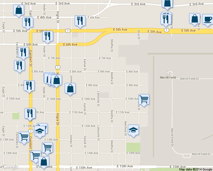 map of restaurants, bars, coffee shops, grocery stores, and more near 900 Medfra Street in Anchorage