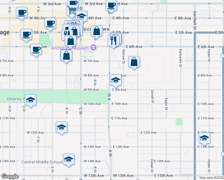 map of restaurants, bars, coffee shops, grocery stores, and more near 101 East 9th Avenue in Anchorage