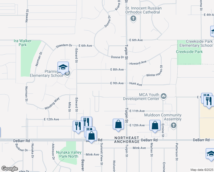 map of restaurants, bars, coffee shops, grocery stores, and more near 6520 East 9th Avenue in Anchorage