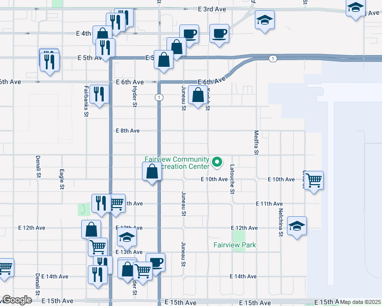 map of restaurants, bars, coffee shops, grocery stores, and more near in Anchorage