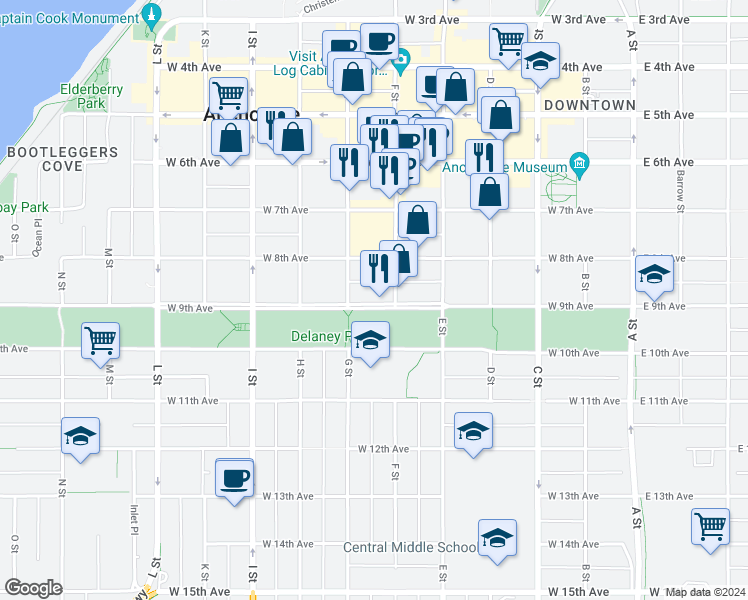map of restaurants, bars, coffee shops, grocery stores, and more near 625 West 9th Avenue in Anchorage