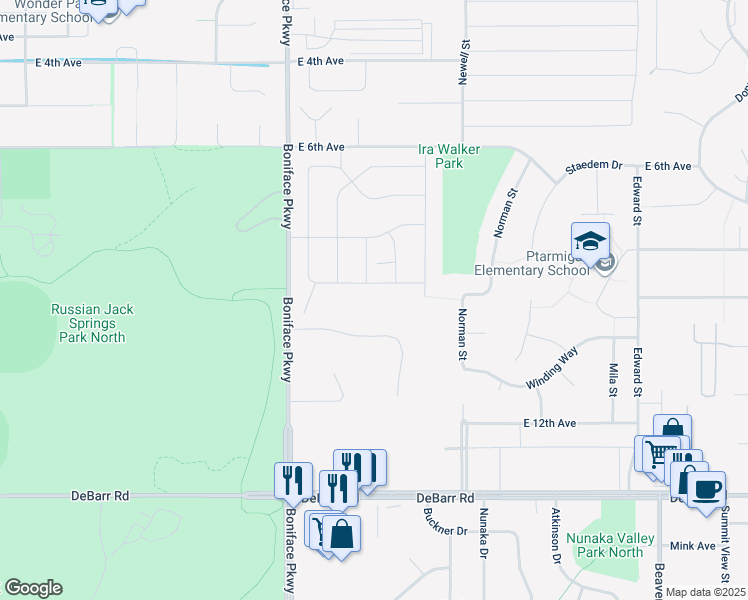map of restaurants, bars, coffee shops, grocery stores, and more near 1011 Boniface Pkwy in Anchorage