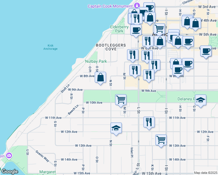 map of restaurants, bars, coffee shops, grocery stores, and more near 880 N Street in Anchorage