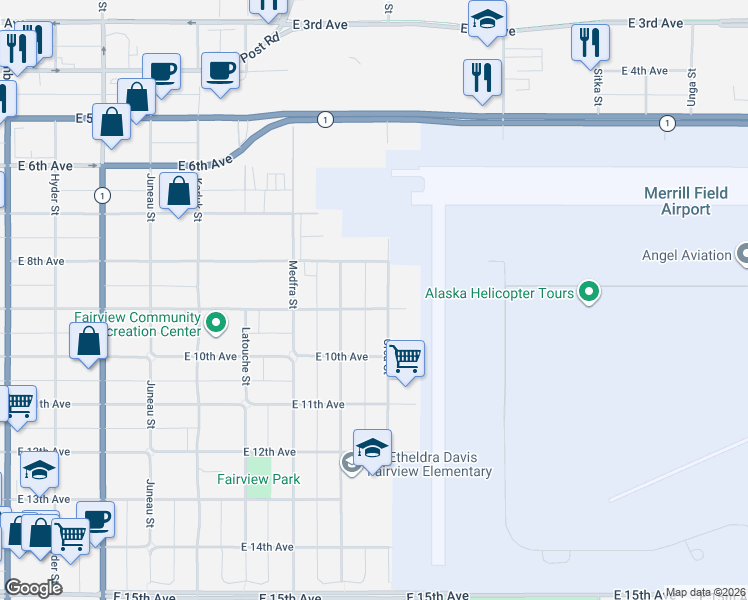 map of restaurants, bars, coffee shops, grocery stores, and more near 901 Nelchina Street in Anchorage