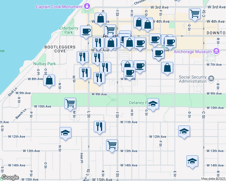 map of restaurants, bars, coffee shops, grocery stores, and more near 909 West 9th Avenue in Anchorage