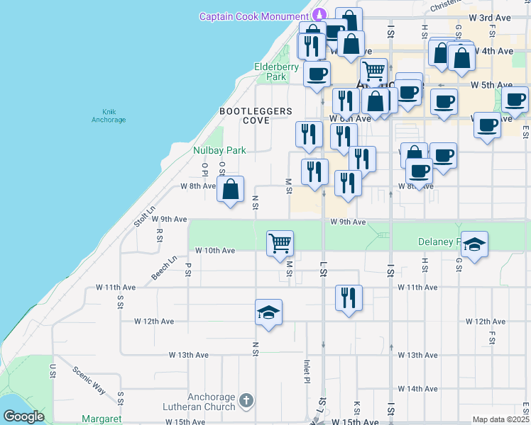 map of restaurants, bars, coffee shops, grocery stores, and more near 1227 West 9th Avenue in Anchorage
