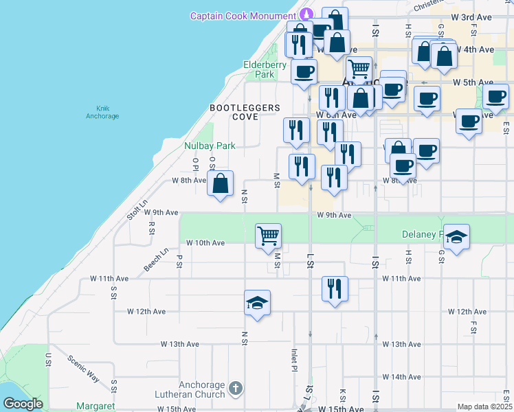 map of restaurants, bars, coffee shops, grocery stores, and more near 1227 West 9th Avenue in Anchorage