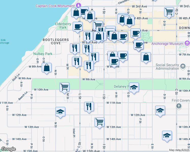 map of restaurants, bars, coffee shops, grocery stores, and more near 845 K Street in Anchorage