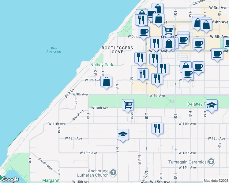 map of restaurants, bars, coffee shops, grocery stores, and more near 880 N Street in Anchorage