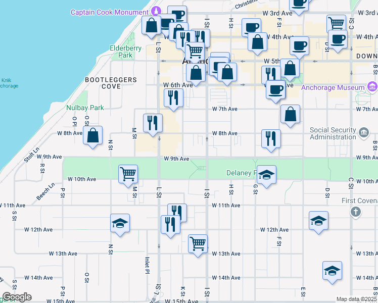 map of restaurants, bars, coffee shops, grocery stores, and more near 845 K Street in Anchorage