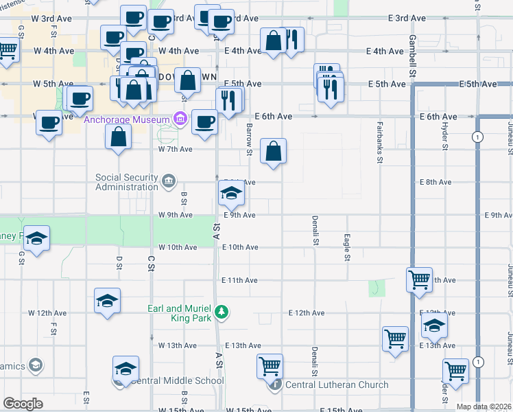 map of restaurants, bars, coffee shops, grocery stores, and more near 201 East 9th Avenue in Anchorage