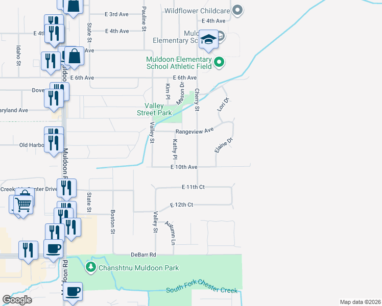 map of restaurants, bars, coffee shops, grocery stores, and more near 8421 East 10th Avenue in Anchorage