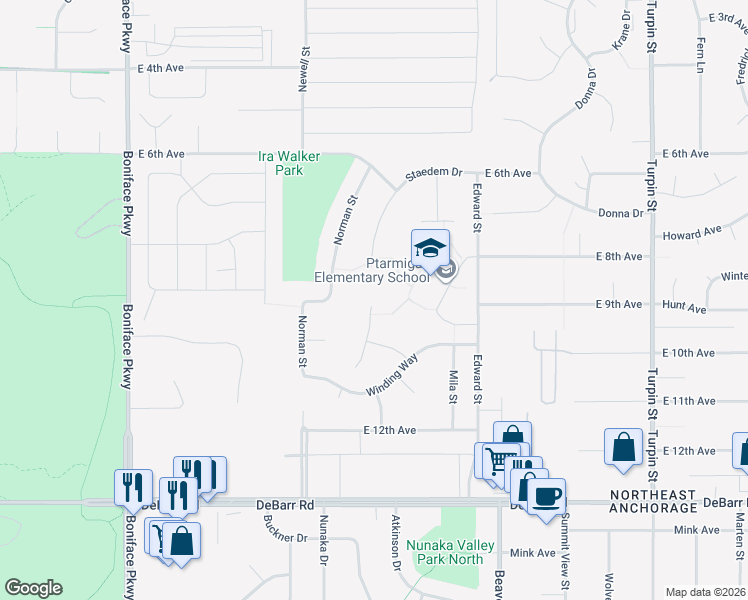 map of restaurants, bars, coffee shops, grocery stores, and more near 929 Bench Court in Anchorage