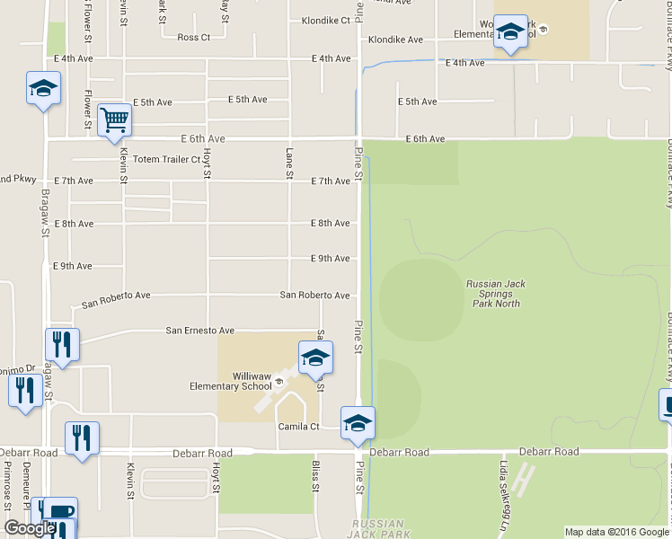 map of restaurants, bars, coffee shops, grocery stores, and more near 4621 San Roberto Avenue in Anchorage