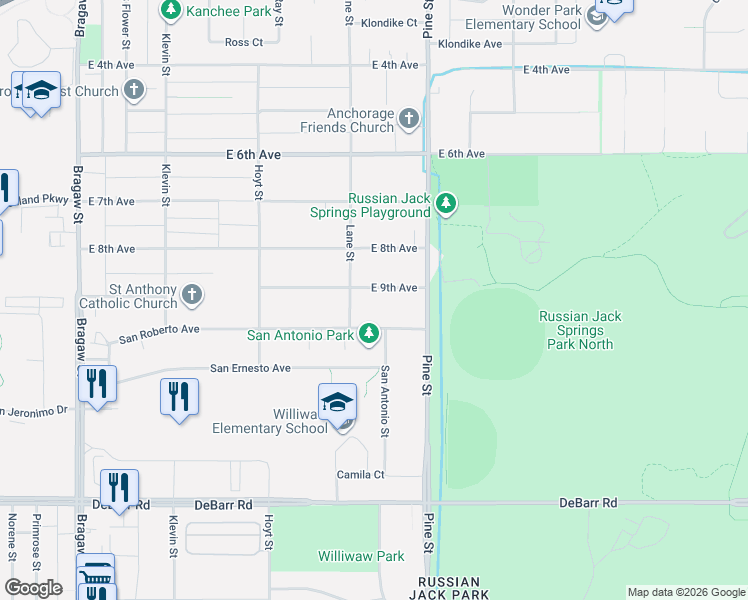 map of restaurants, bars, coffee shops, grocery stores, and more near 4527 San Roberto Avenue in Anchorage
