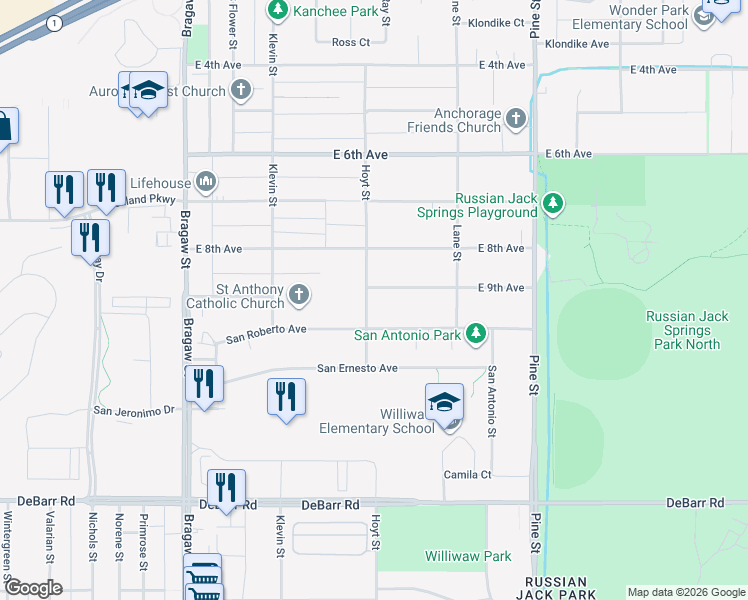 map of restaurants, bars, coffee shops, grocery stores, and more near 935 Hoyt Street in Anchorage