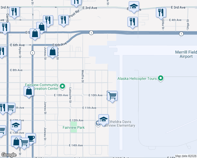 map of restaurants, bars, coffee shops, grocery stores, and more near 901 Nelchina Street in Anchorage