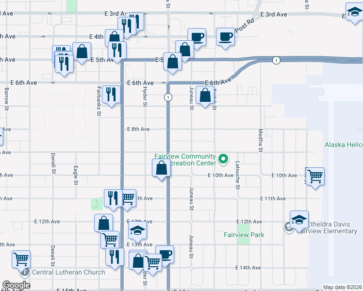 map of restaurants, bars, coffee shops, grocery stores, and more near 900 East 9th Avenue in Anchorage