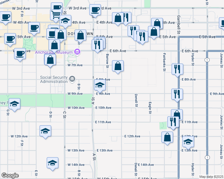 map of restaurants, bars, coffee shops, grocery stores, and more near 900 Cordova Street in Anchorage