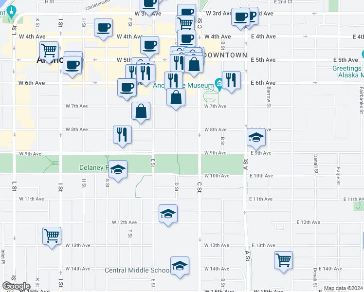 map of restaurants, bars, coffee shops, grocery stores, and more near 835 D Street in Anchorage